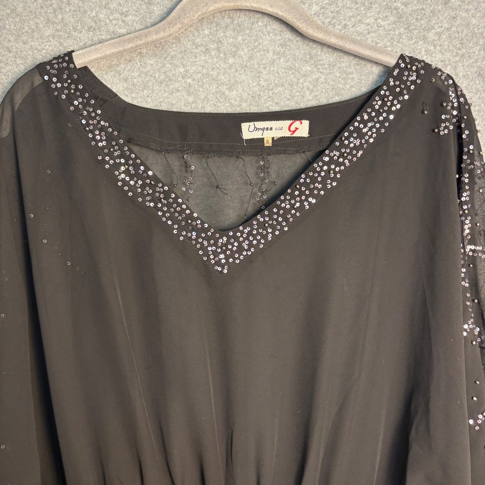 Vintage Umgee USA Black Sequin Sheer Poncho Blouse Small Boho Evening Y2K Top - Picture 9 of 11